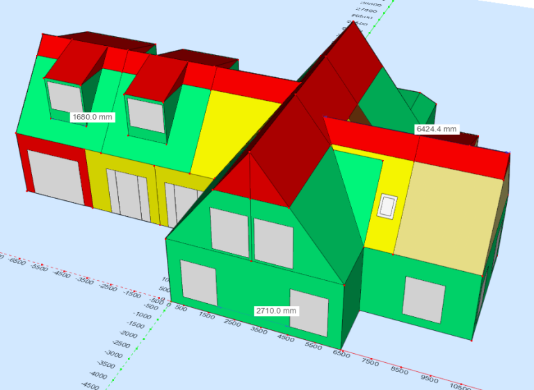 3D-weergave van een warmteverliesberekeningsmodel van een woning.